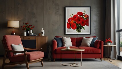 Interior design of modern and cozy living room interior with mock up poster frame, red armchair, wooden coffee table, pillows, vase with flowers and personal accessories. Home decor. Template.
