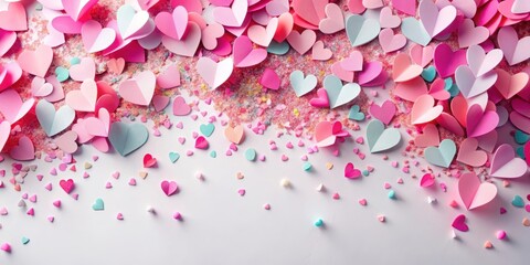 Fototapeta premium Colorful pink paper hearts scattered on a white background, confetti overlay effect , Heart Decor
