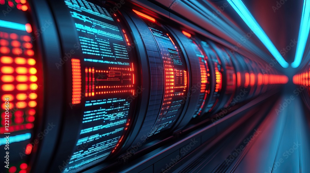 Poster a futuristic corridor featuring glowing blue and red lights, with digital displays showing data, cre