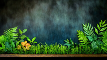 Obraz premium Lush greenery with vibrant leaves and grass against dark background creates serene atmosphere. This scene evokes sense of tranquility and connection to nature