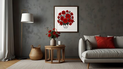 Interior design of modern and cozy living room interior with mock up poster frame, red armchair, wooden coffee table, pillows, vase with flowers and personal accessories. Home decor. Template.