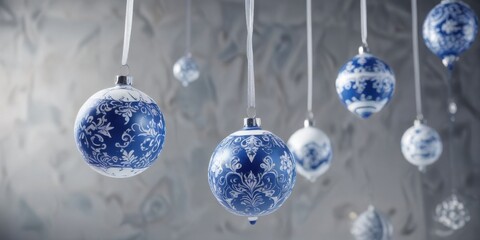 Blue and white ornament elements suspended in mid-air, blue ornaments, festive lighting