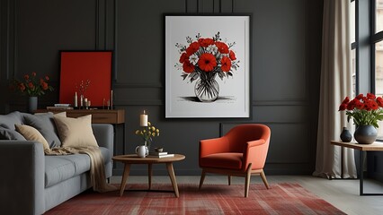 Interior design of modern and cozy living room interior with mock up poster frame, red armchair, wooden coffee table, pillows, vase with flowers and personal accessories. Home decor. Template.