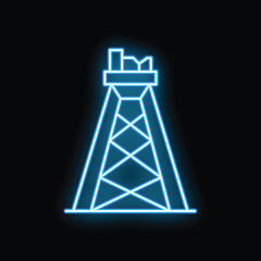 Blue neon oil rig icon glowing against a dark background, representing the oil and gas industry