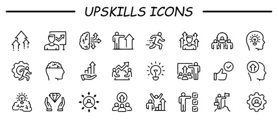 Set of line icons related to upskill, upskilling, personal growth, development, education, career. Outline icon collection.