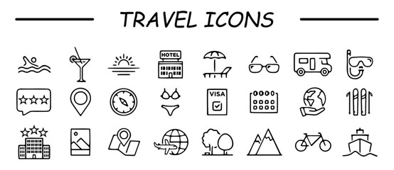 Travel and Tourism set of web icons in line style. Travel and vacation icons for web and mobile app. Airport, tickets, tour, relax, hotel, recreational rest, service. Vector illustration