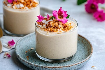 Coconut couscous dessert with vibrant flower garnish in elegant glassware.