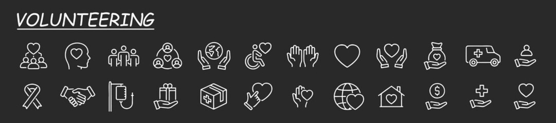 Volunteering and charity line icons. Simple pictograms pack. Stroke vector illustration on a white background. Modern outline style icons collection