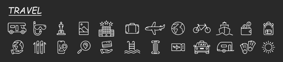 Travel and Tourism set of web icons in line style. Travel and vacation icons for web and mobile app. Airport, tickets, tour, relax, hotel, recreational rest, service. Vector illustration. 