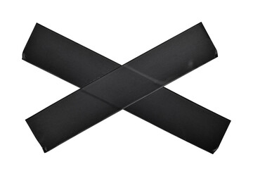 Close-up of two overlapping black adhesive tape strips forming an X or cross shape, isolated on a white background. Perfect for design, repair, or creative concepts