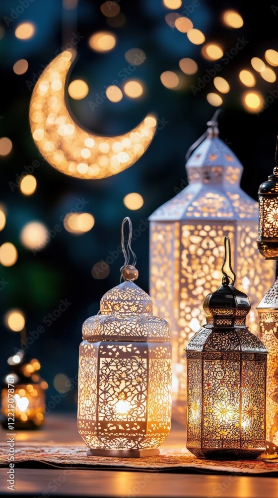 Poster magical evening: decorative lanterns and moonlight creating an enchanting atmosphere with soft glowi