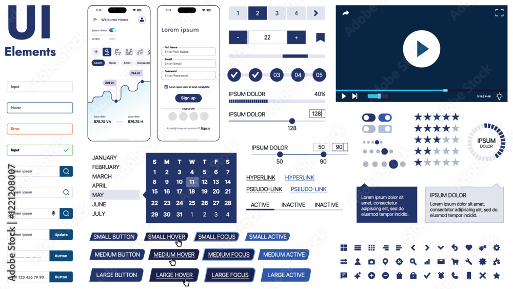 Poster a modern ui kit featuring a collection of buttons, icons, navigation menus, and responsive design el