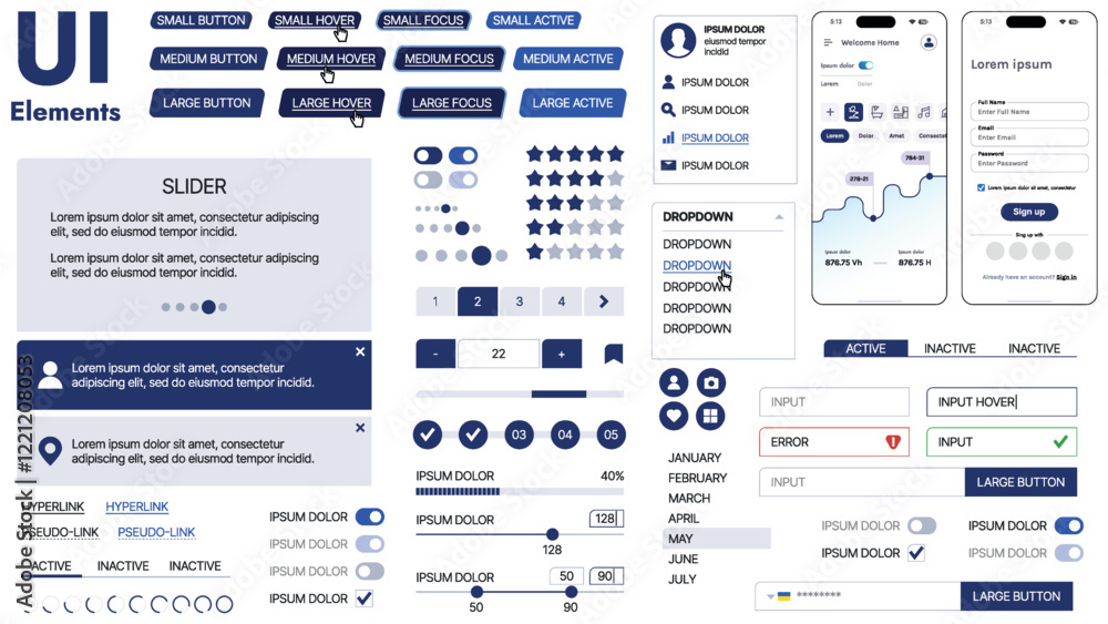 Sticker A modern UI kit featuring a collection of buttons, icons, navigation menus, and responsive design elements. Includes login forms, media players, search bars, and calendars, ideal for apps, websites