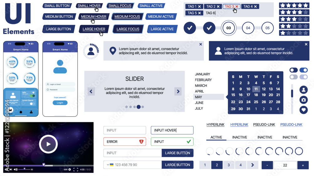 Poster a modern ui kit featuring a collection of buttons, icons, navigation menus, and responsive design el