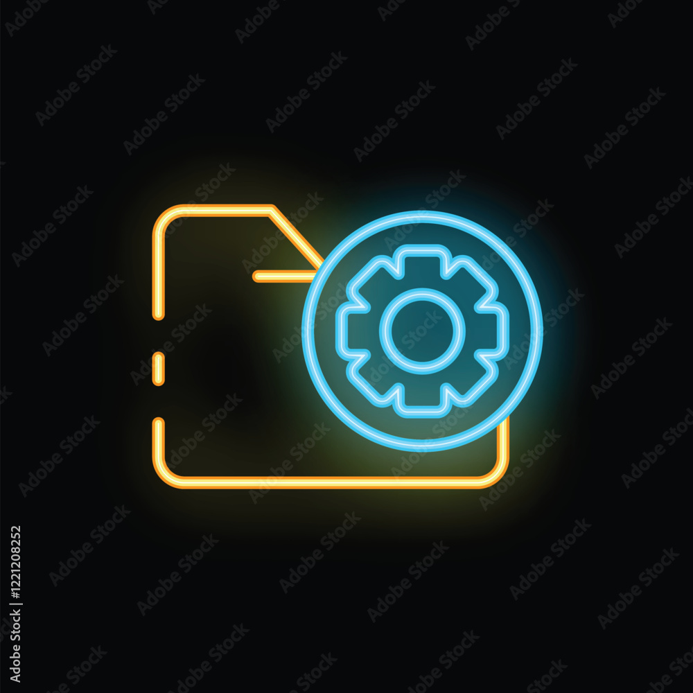 Poster neon icon showing a folder with a gear, representing the concept of file configuration