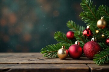 Christmas ornaments on wooden beam, garland, beam, ornaments