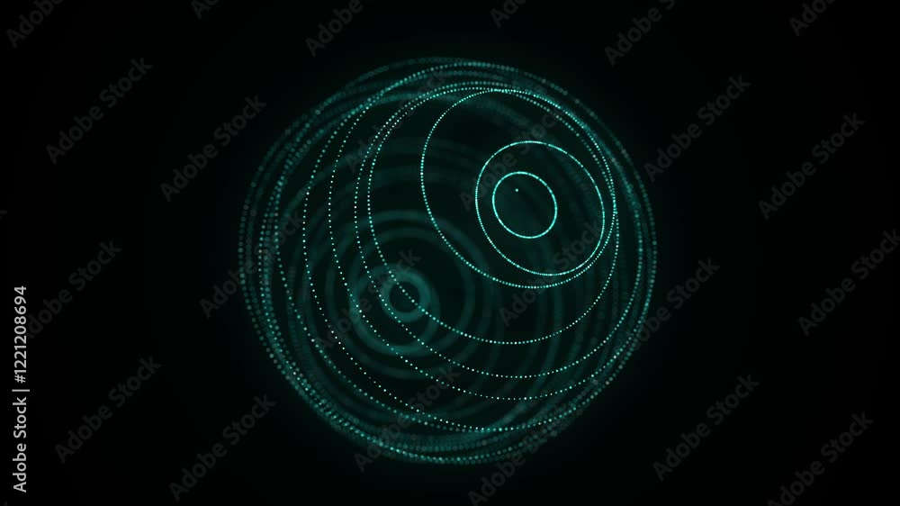 Poster abstract green sphere on black background. wireframe circle structure with glowing particles and lin