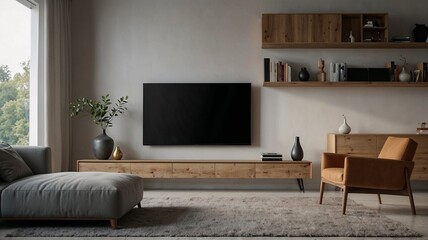Modern living room with wooden furniture and a sleek TV in a stylish, minimalist design