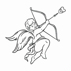 Valentine cupid with arrow. Love angel. Valentine's day.  Line art illustration.