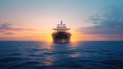 Fototapeta premium A stunning vessel glides across the serene ocean waters at sunset, illuminated by the warm glow of the horizon, creating a perfect harmony between nature and maritime transportatio