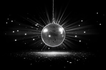 A sparkling disco ball hanging in a dark space, reflecting light and creating a starry effect on the ground.