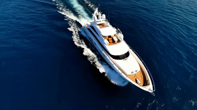 Luxurious yacht cruising effortlessly across ocean blue waters under clear skies