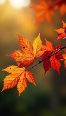 Fototapeta premium Colorful autumn leaves on a single branch, tree branches, colorful foliage