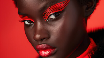 Obraz premium close up of woman with striking makeup featuring bold red eyeliner and lips, set against vibrant red background. dramatic look highlights her features beautifully