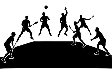 Tennis match silhouette scene with men players playing across net scene