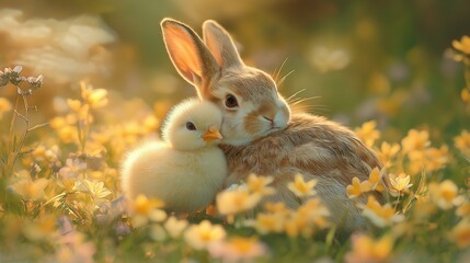 Playful bunny and cheerful chick embracing among spring flowers in sunlight