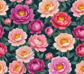 Fototapeta premium Colorful peony flowers drawn in a whimsical style, garden blooms, nature art