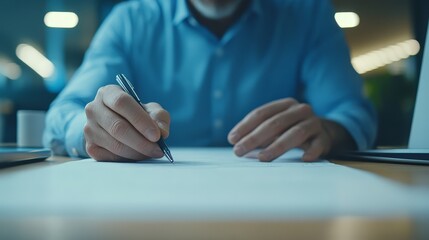 Fototapeta premium Man writing on paper, focused concentration for notetaking, planning, or creative writing