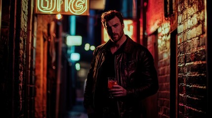 Obraz premium A man in a leather jacket standing in a dimly lit alley, holding a cocktail glass, illuminated by neon signs with sharp shadows creating an urban vibe, as the distant city skyline softly blurs