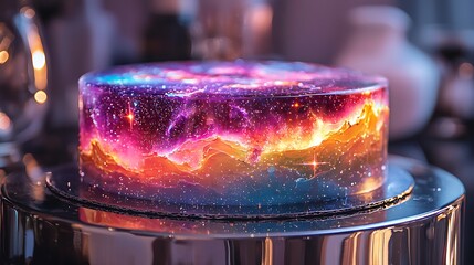 A celestial cake with holographic details, giving it a futuristic galaxy vibe, placed on a metallic stand