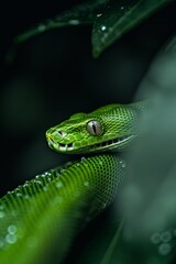 Fototapeta premium Green Tree Python in Rainforest: A striking green tree python coiled on a mossy branch, blending perfectly into its surroundings. Reptile. Wildlife. Snakes.