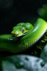 Fototapeta premium Green Tree Python in Rainforest: A striking green tree python coiled on a mossy branch, blending perfectly into its surroundings. Reptile. Wildlife. Snakes.