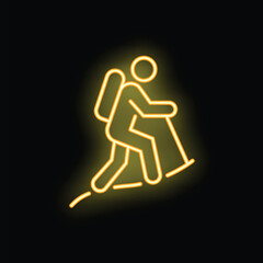 Yellow neon sign showing a hiker walking up a steep hill with hiking poles and a backpack on a black background