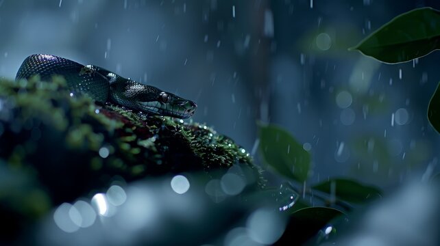 Green Tree Python in Rainforest: A striking green tree python coiled on a mossy branch, blending perfectly into its surroundings. Reptile. Wildlife. Snakes.