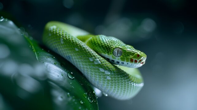 Green Tree Python in Rainforest: A striking green tree python coiled on a mossy branch, blending perfectly into its surroundings. Reptile. Wildlife. Snakes.