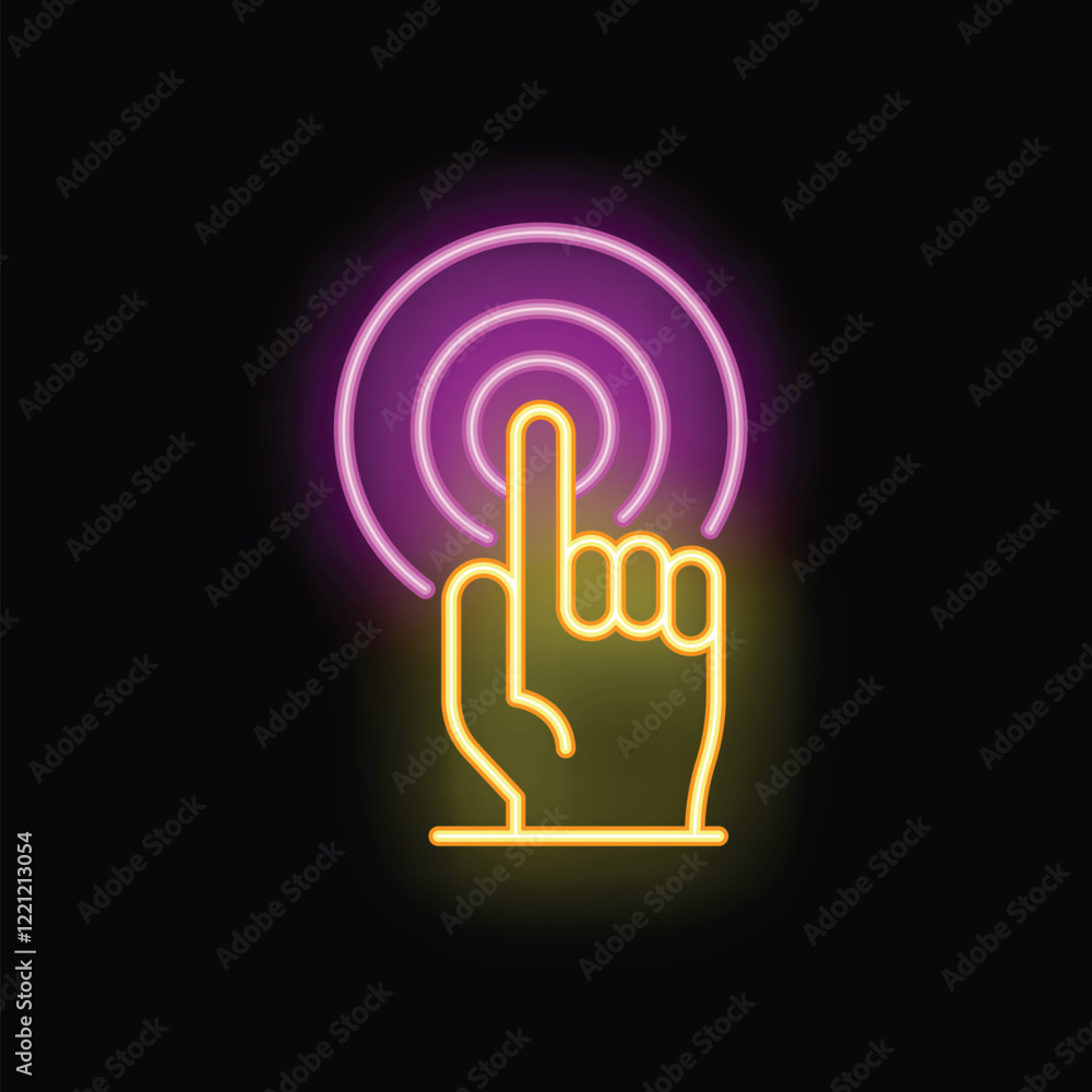 Poster glowing neon icon of a hand pressing a button with the index finger, on a dark background