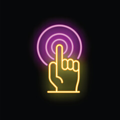 Glowing neon icon of a hand pressing a button with the index finger, on a dark background