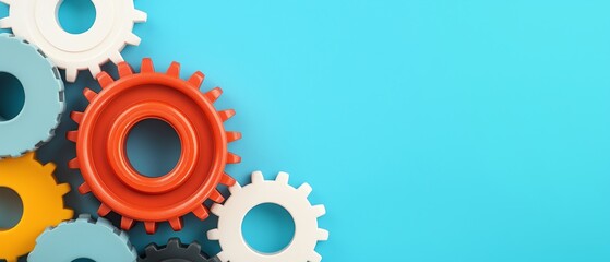 A vibrant arrangement of colorful gears on a bright blue background symbolizes innovation and teamwork in engineering and manufacturing processes.