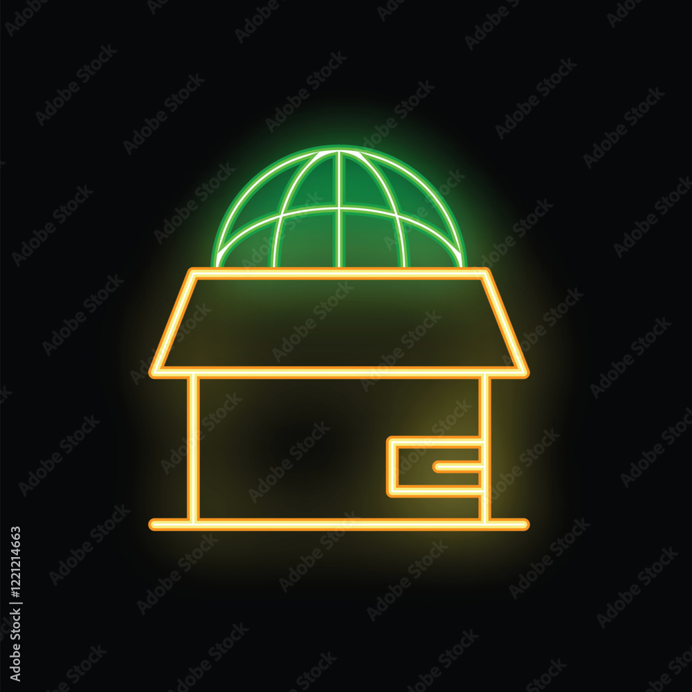 Poster neon sign of a cardboard box with a world grid appearing from inside on a black background
