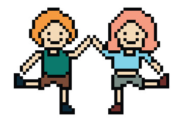 Cute pixel cartoon 8bit character couple together feel love happy heart soulmate relationship decoration 8 bit couple on love valentine day game isolated PNG vector.