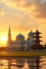 Naklejka premium Golden Sunset Illuminates Mosque, Pagoda, and Church: A Serene Architectural Ensemble