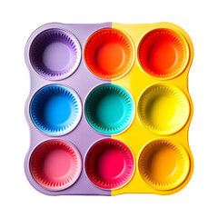 Fototapeta premium Colorful Cupcakes in Modern Silicone Muffin Tray Isolated on Transparent Background