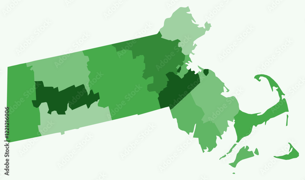 Poster map of massachusetts with counties. a simple state border map with county divisions, featuring a gre