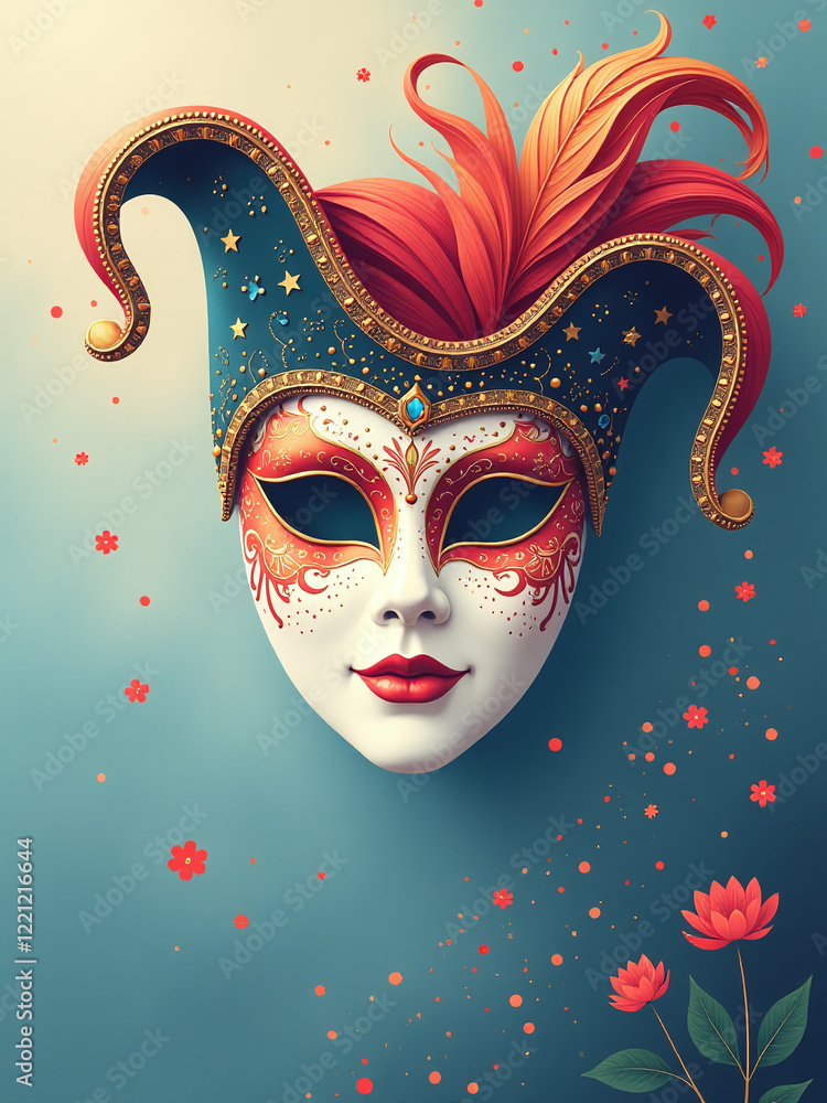 Poster A Stylized Venetian Carnival Mask Appears In A Serene Background Created By An Artificial Intelligence Illustration Process. 00002