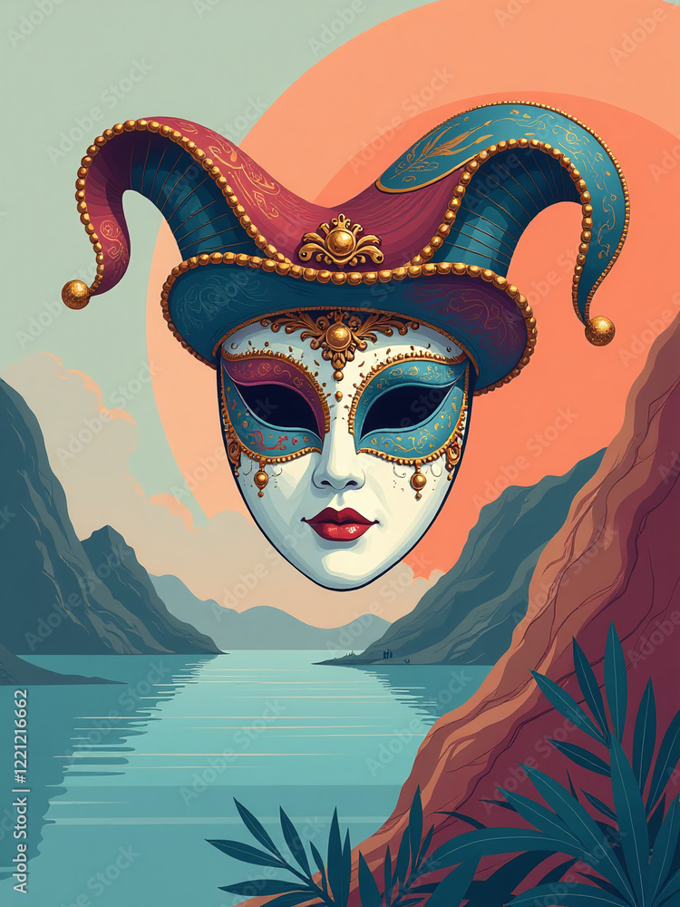 Poster A Stylized Venetian Carnival Mask Appears In A Serene Background Created By An Artificial Intelligence Illustration Process. 00001