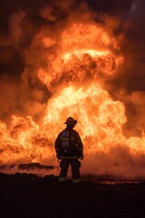 Obraz premium Firefighter with protective gear and oxygen equipment controlling a massive industrial fire burning at night